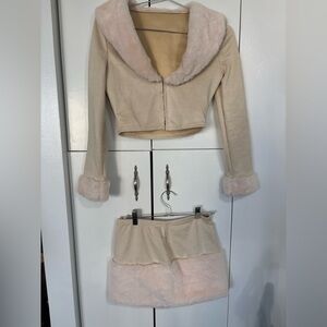 Beige Faux-Suede Cropped Jacket with Faux-Fur Trim